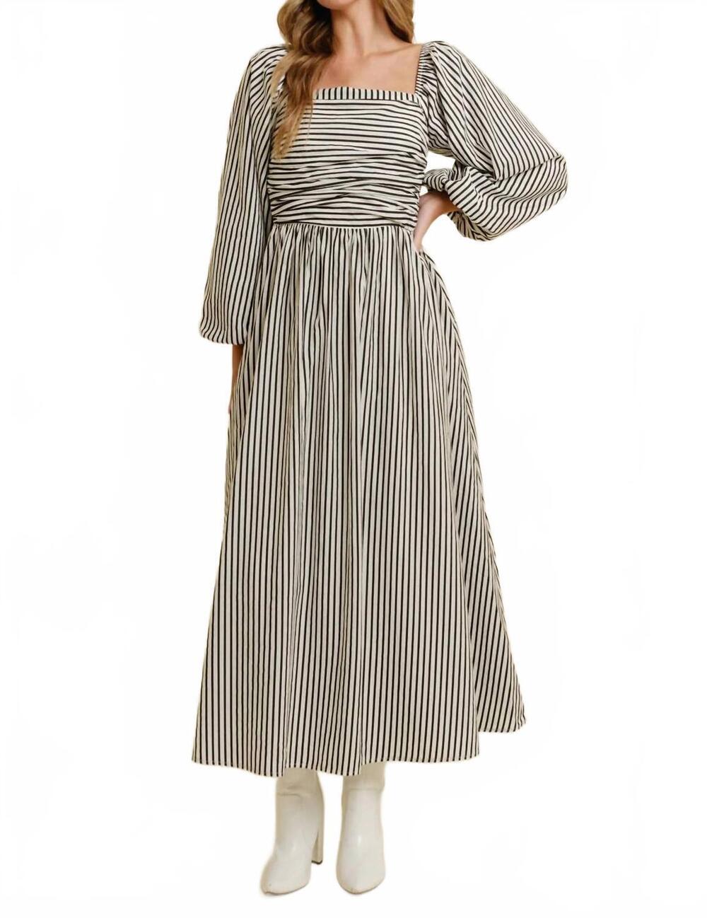 NEW CLOUD TEN striped square neck midi dress in black and off-white